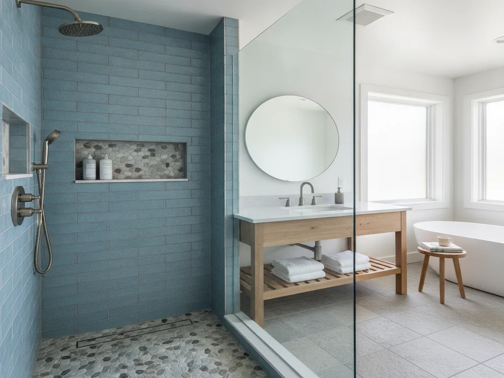 Blue-tiled walk-in shower with two recessed niches on adjacent walls at different heights, one lined with pebble mosaic