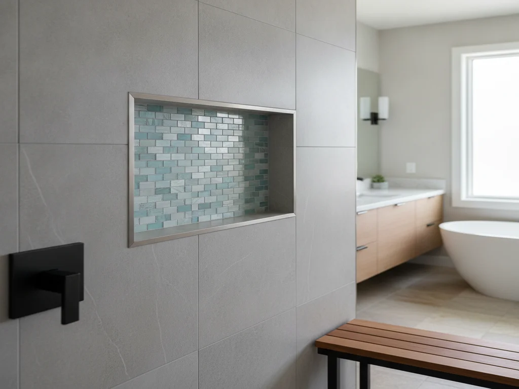 Close-up of a shower niche finished with contrasting glass mosaic tile inside a large-format porcelain tile wall