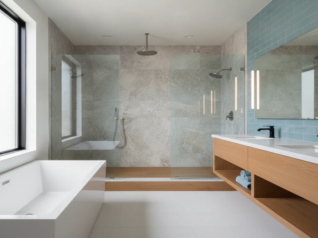 Premium frameless shower with rainfall showerhead and stone-look tile