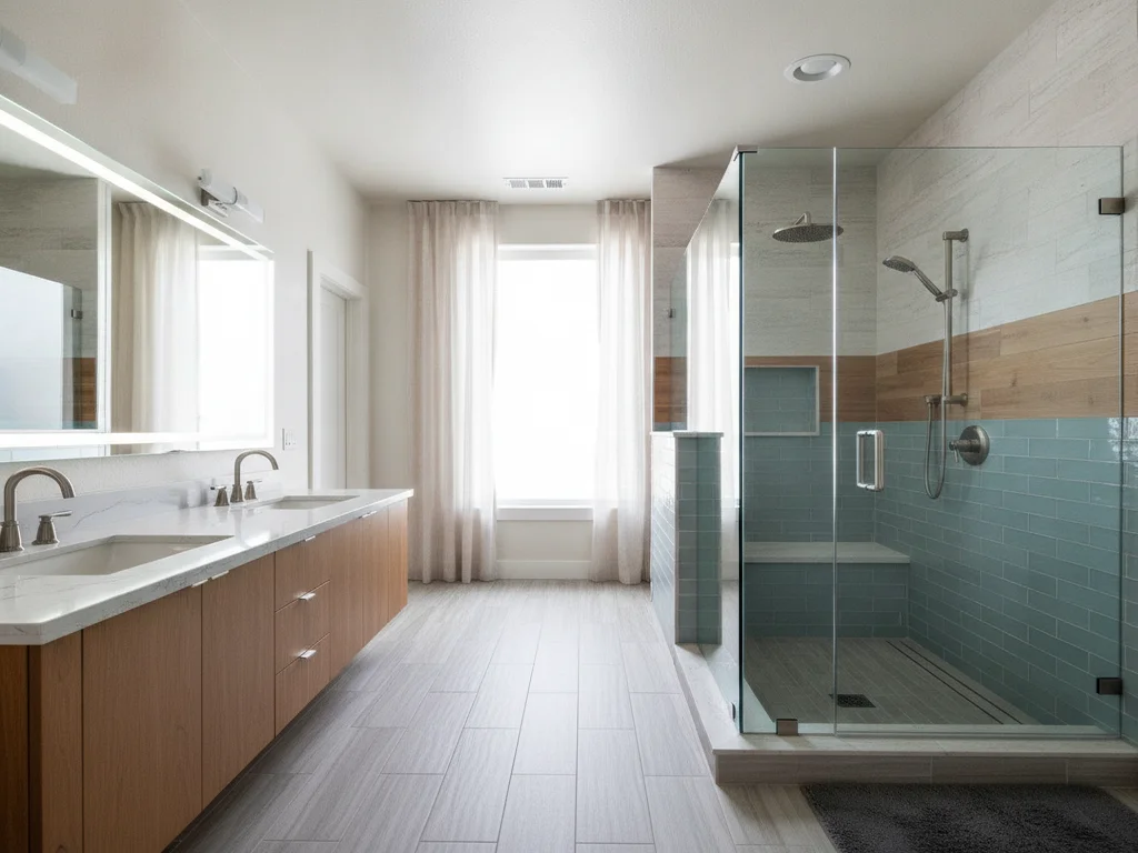Narrow bathroom tub-to-shower conversion concept with continuous flooring