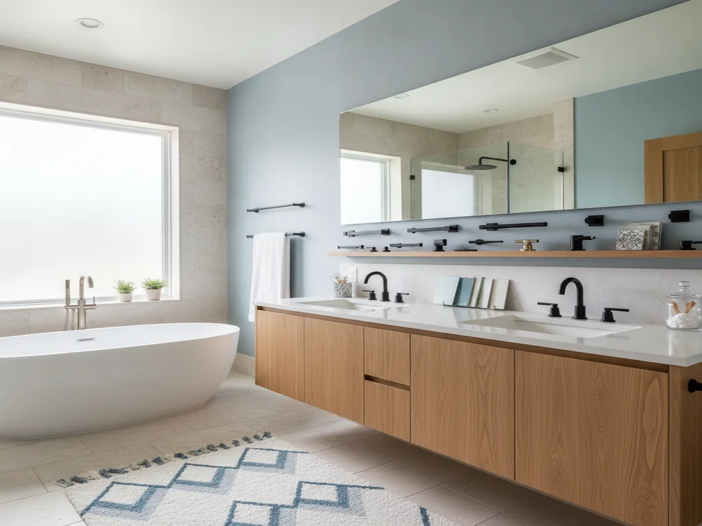 Bathroom hardware, accessories, and paint samples representing easy-to-swap trend elements