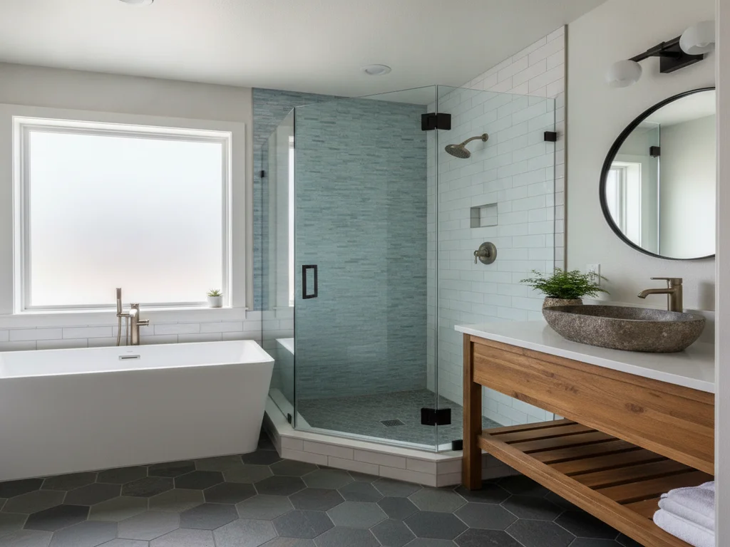 Corner neo-angle shower conversion in a small bathroom