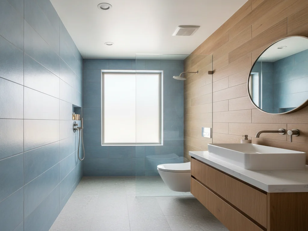 Small wet room bathroom with recessed wet-rated lighting, a wall-hung toilet, and tiled walls