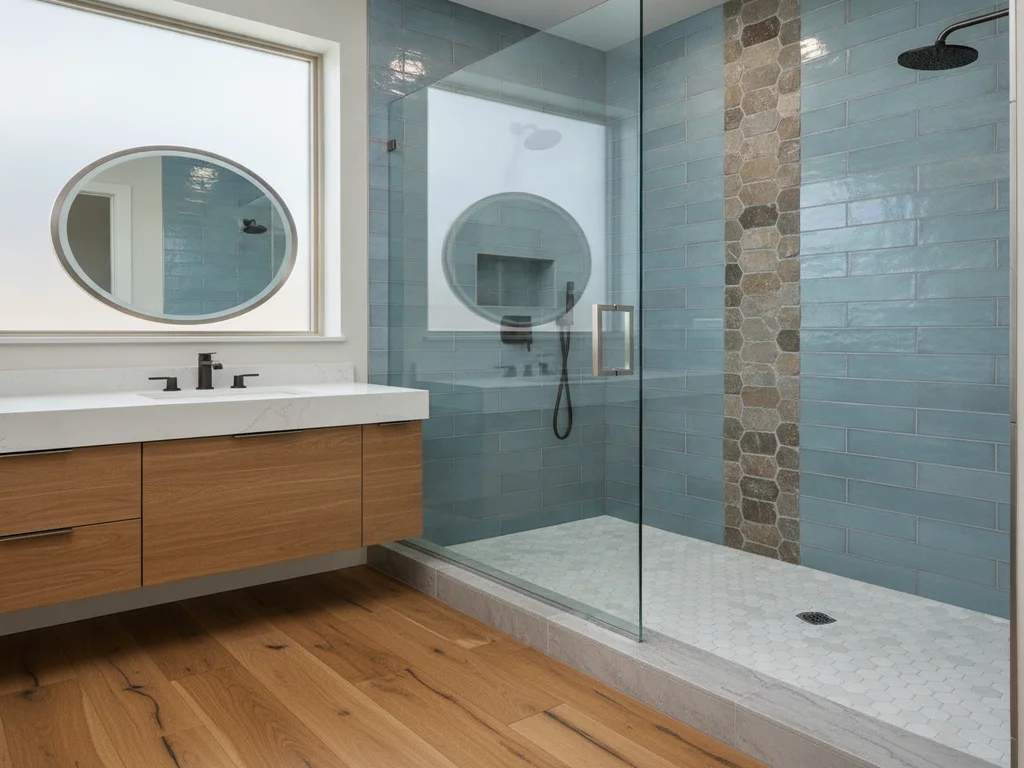 Close-up of a walk-in shower frameless glass door and low tiled curb, with the dry bathroom floor visible just outside