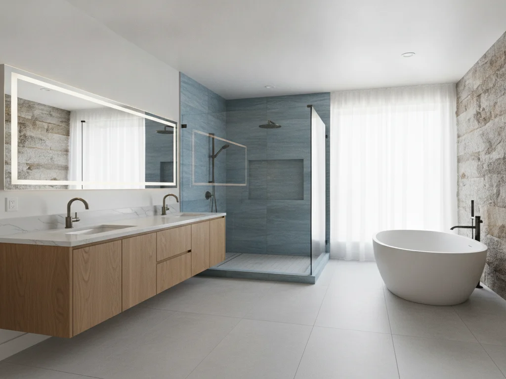 Low-maintenance frameless walk-in shower with large-format tile